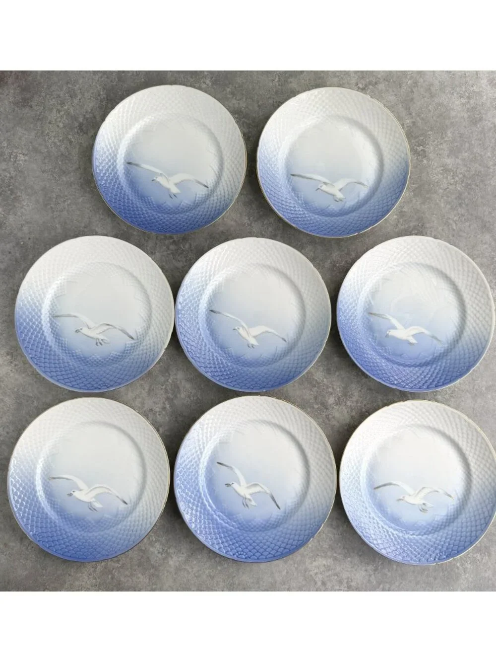 Bing & Grondahl SEAGULL Porcelain Salad Plates 8.5” Blue Gold Trim Lot of 8